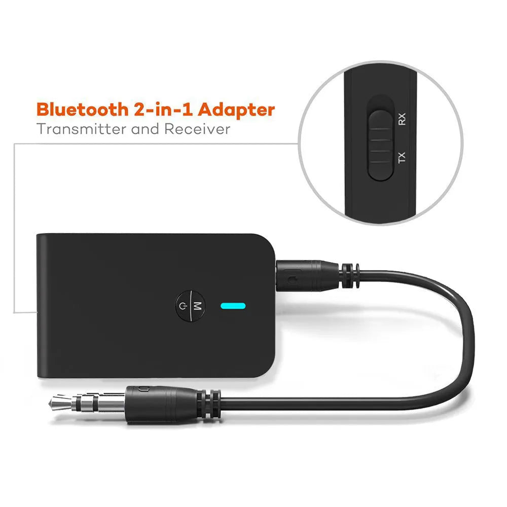 A black Bluetooth audio adapter with a 3.5mm AUX plug and external power cable.