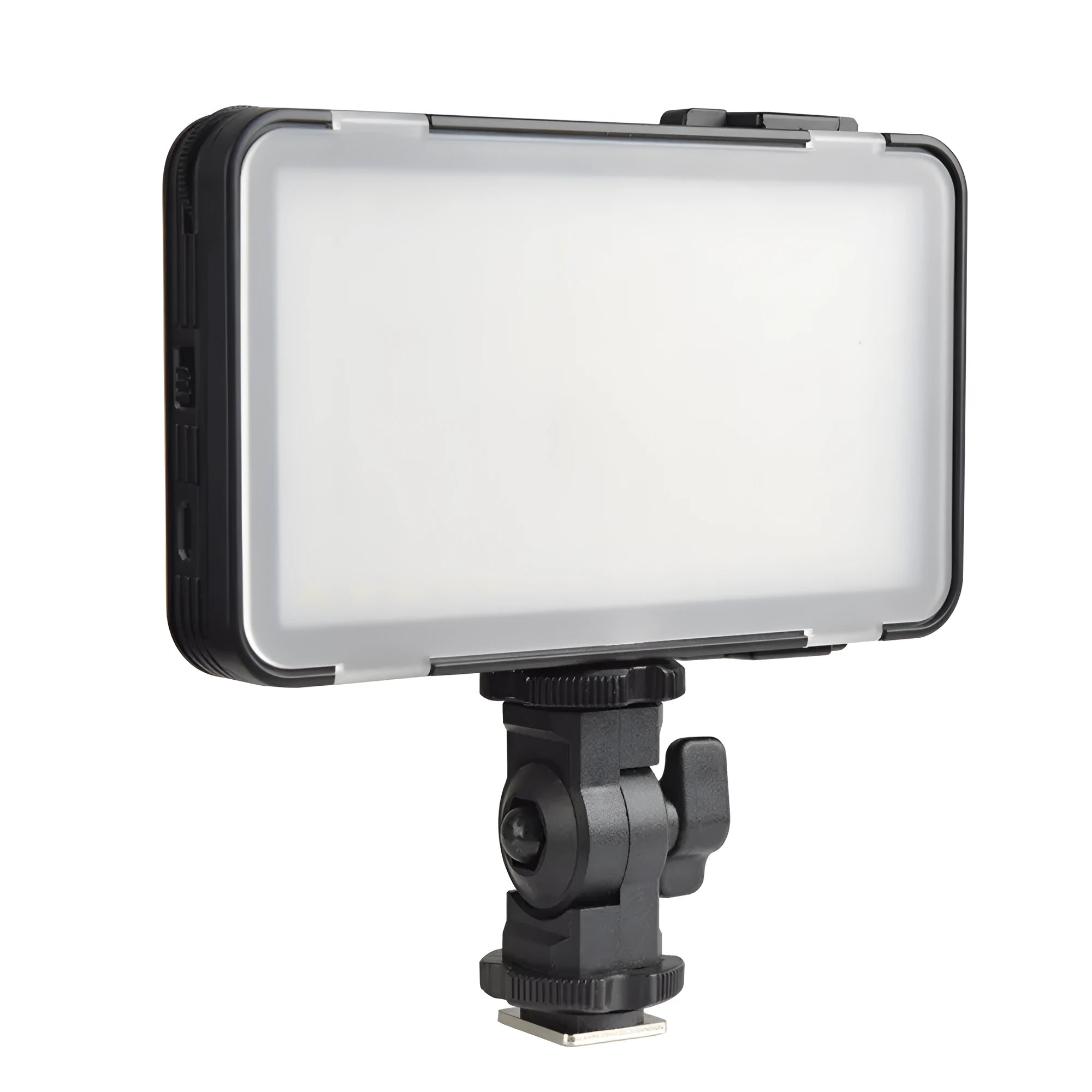 Shenniu M150 ultra-thin silver aluminium LED video light mounted on a mobile phone.