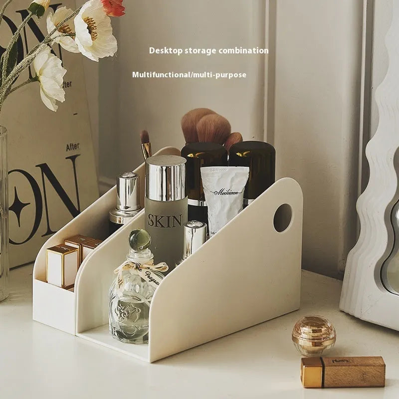 Desktop storage box with two grid shelves in plastic construction, 14.5cm wide by 17cm deep by 22cm high