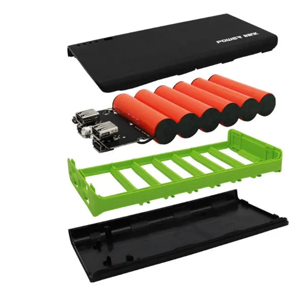 20000mAh portable power bank in five colours showing compact 145mm design with fast charging capability