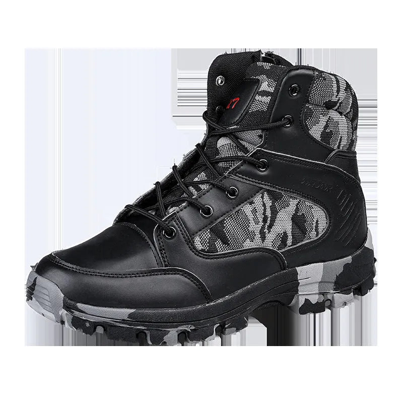 Men's black camouflage high-top hiking shoes with artificial PU upper and metal details