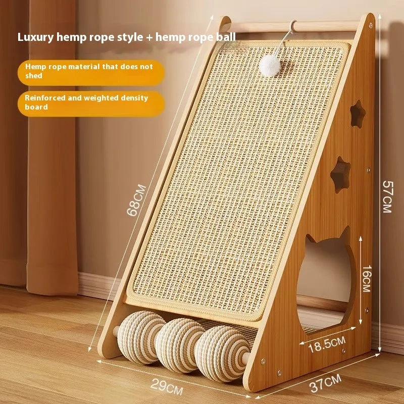 Vertical wall-mounted cat scratch board with sisal surface and hemp rope ball toy