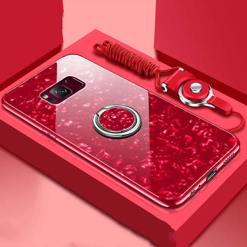 Tempered glass phone case for Samsung S8 and S9 in solid colours: black, pink, red, white.