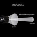 Black aluminium alloy zoomable LED flashlight showing adjustable head for focus control