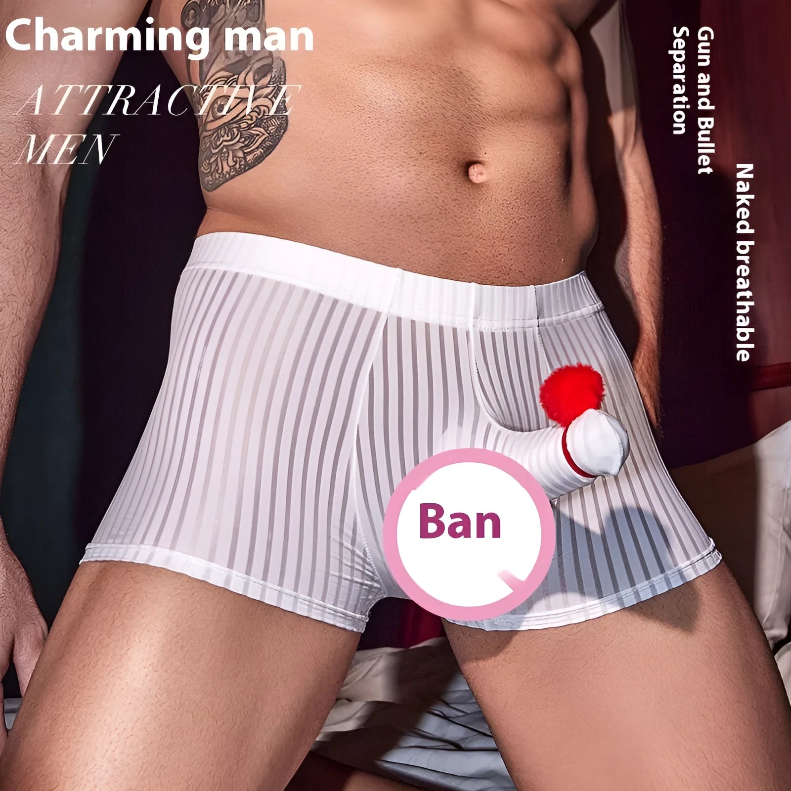 Men's striped nylon boxer briefs underwear in black, white and dark grey colours