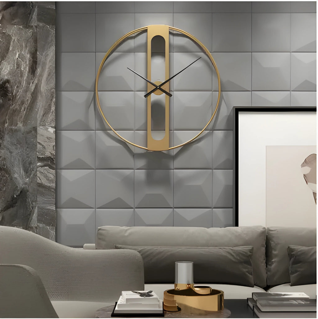 A large 50 cm round metal wall clock on a wall, available in black or gold finish.