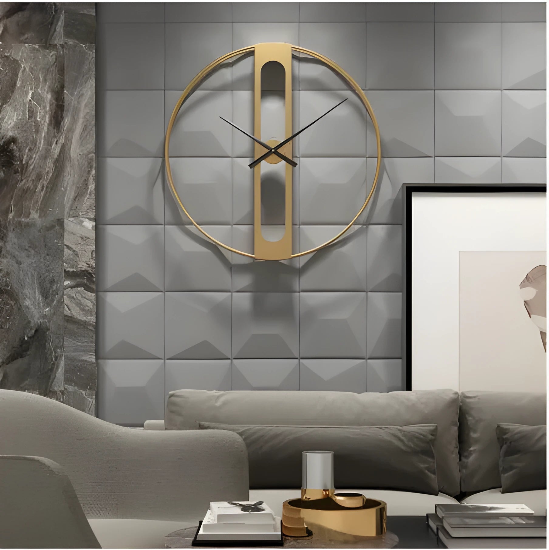 A large 50 cm round metal wall clock on a wall, available in black or gold finish.
