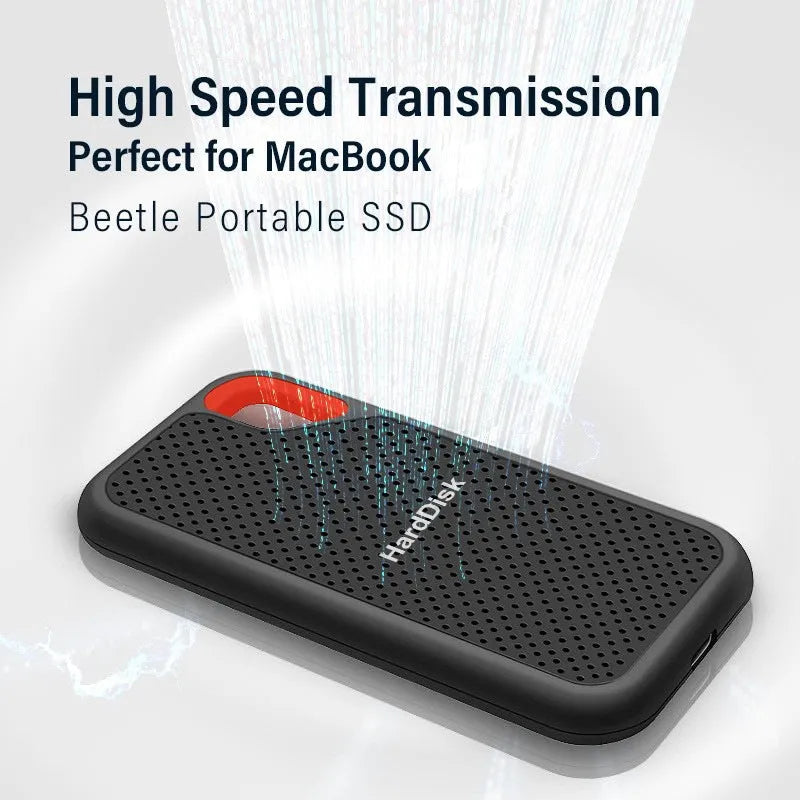 Black ABS portable SSD with Type-C 3.1 interface, shown as a mobile external solid state drive.