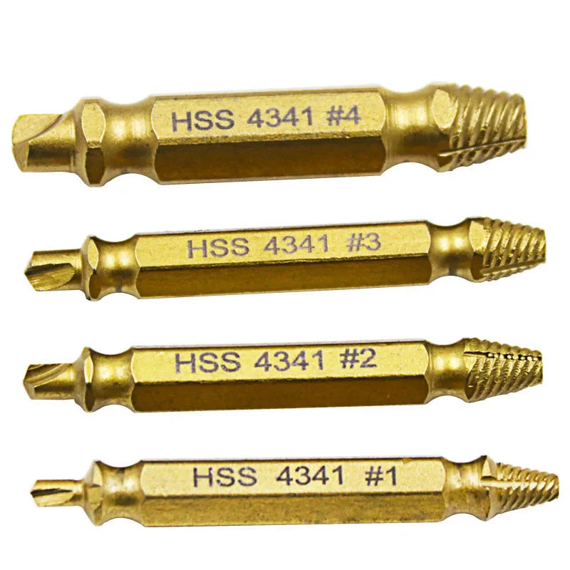 Five-piece 4341 high-speed steel screw extractor set for removing stripped screws and metal nails