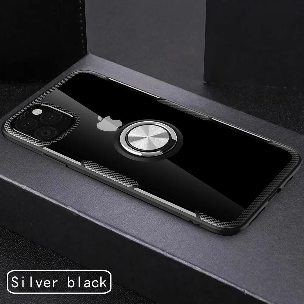 Black high-quality PC and PU iPhone back cover case for 11 Pro Max and other models on a table.