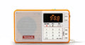 Tecsun Q3 digital audio player and FM radio in one of six colours: white, yellow, red, green, blue, or black.
