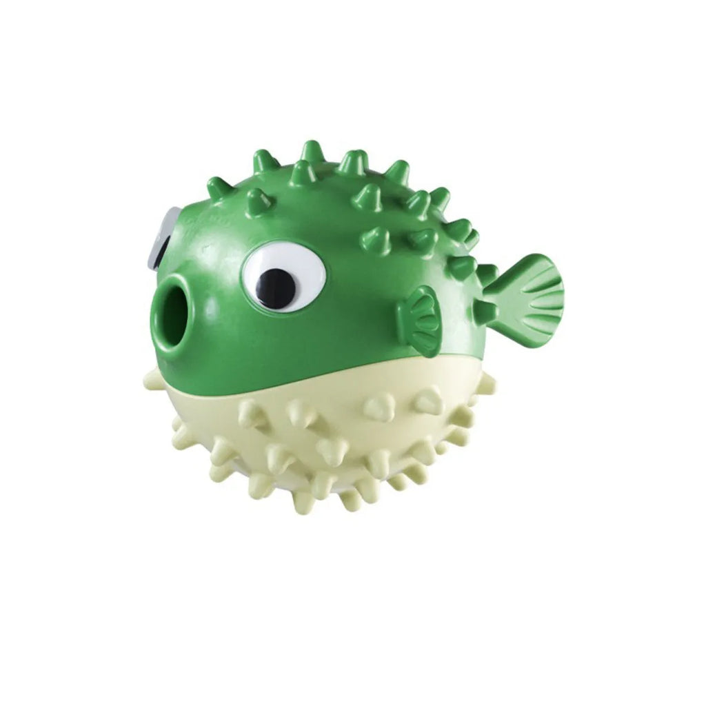 Yellow fish-shaped durable vinyl dog chew toy with textured surface for dental care.