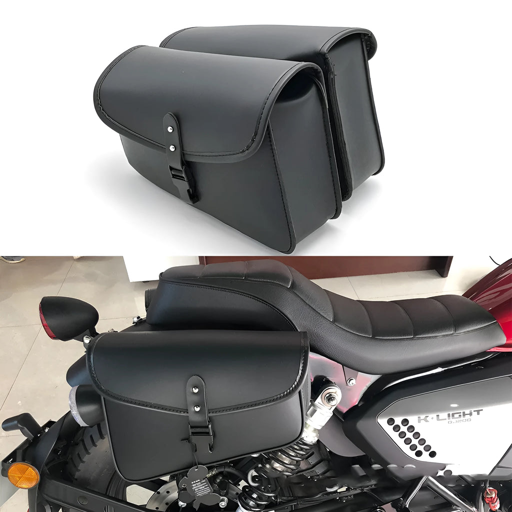 Black PU leather motorcycle swingarm bag mounted on Harley Sportster side