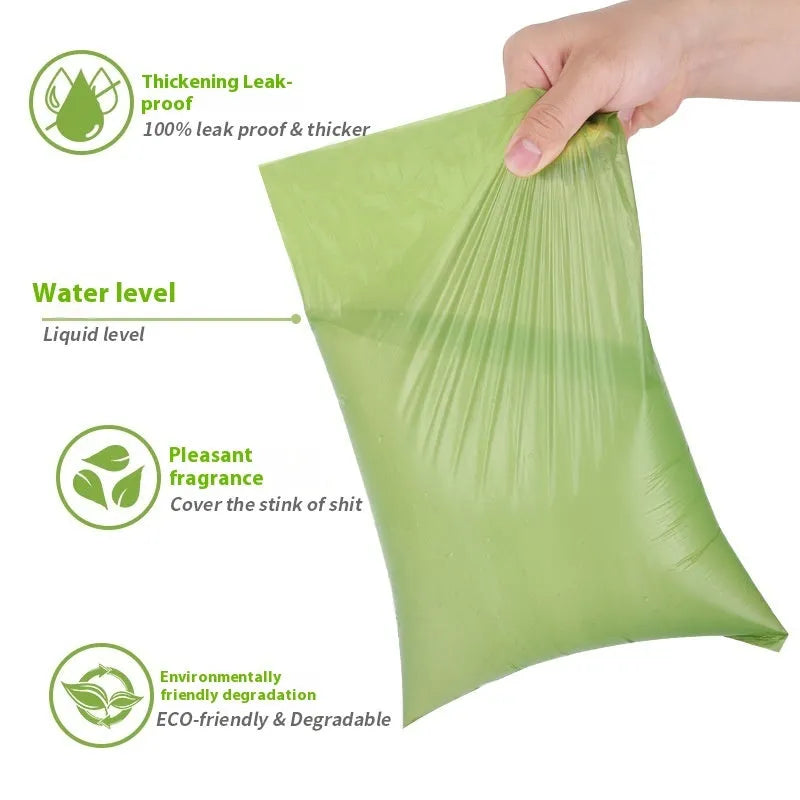 Green, blue, purple, orange and black rolls of EPI degradable, thickening pet waste bags with lavender or tasteless options.
