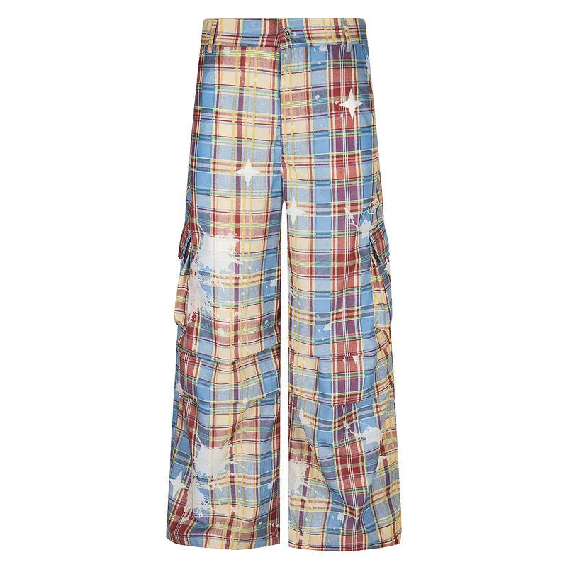 Man wearing blue retro plaid loose straight-leg casual overalls