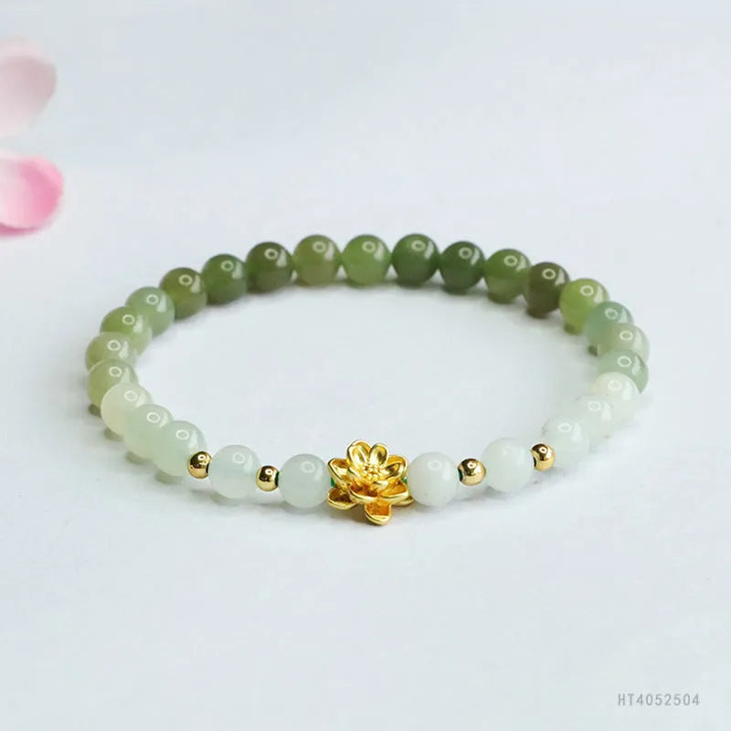 Hand-woven Hetian jade bracelet with sunshine water gradient colour and floral design
