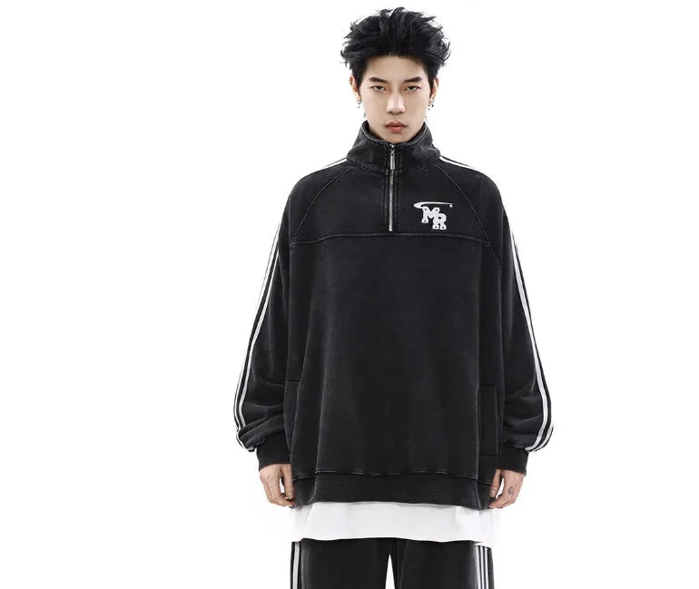 Black American retro hoodie with stand collar, Hong Kong style couple sweater jacket