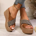 Cross leopard plaid wedge sandals showing brown and black pattern variations with rubber soles