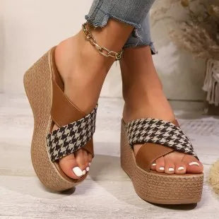 Cross leopard plaid wedge sandals showing brown and black pattern variations with rubber soles
