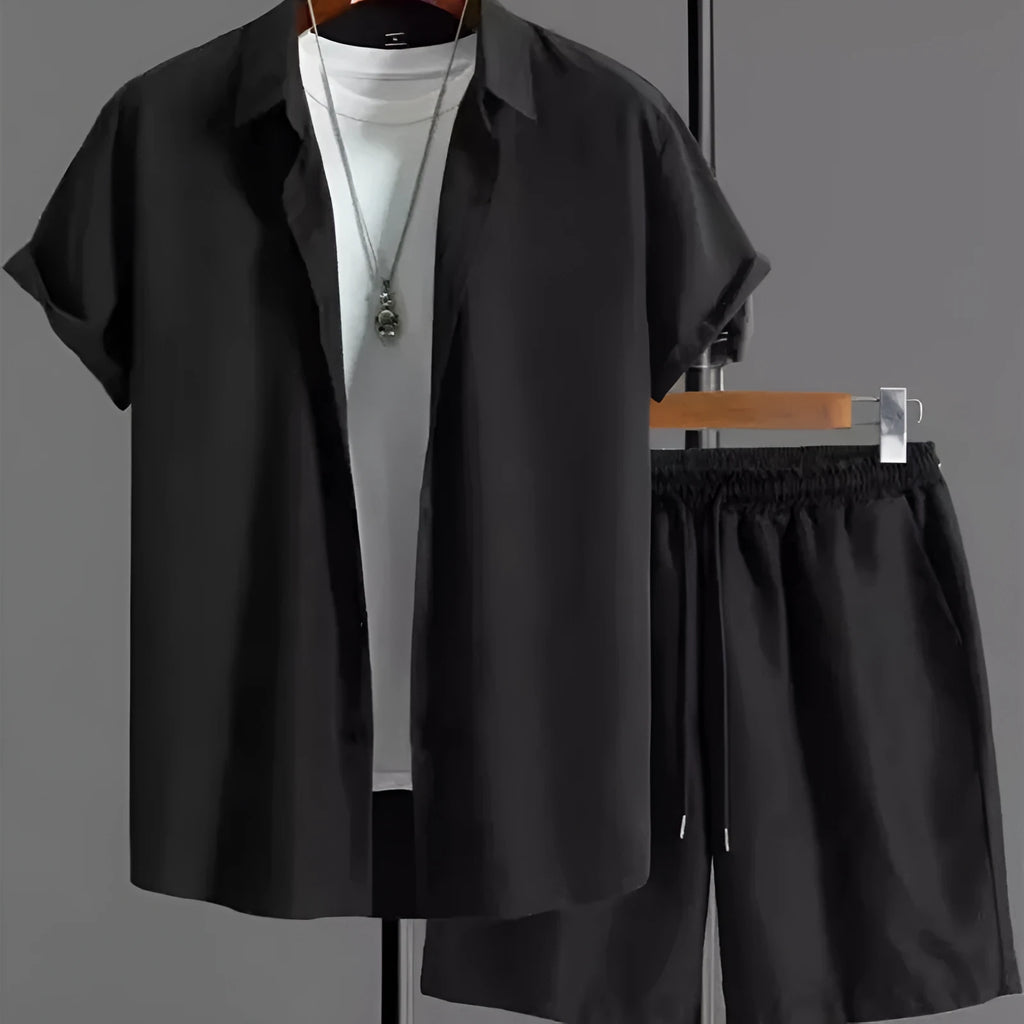 Men's jacquard short sleeve suit set in black with matching shorts