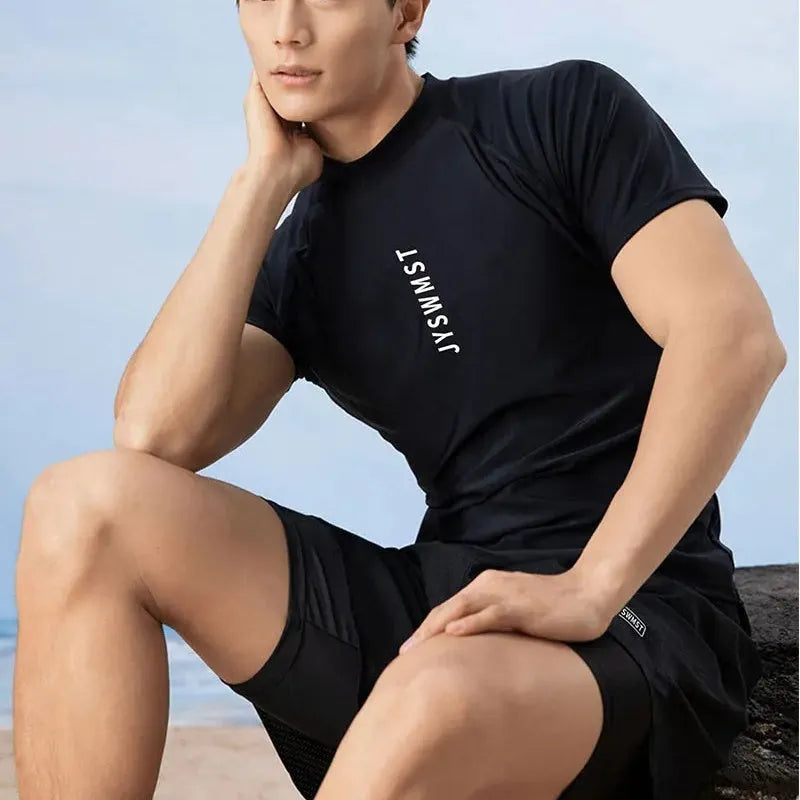 Men's plus size polyester swimming trunks and top set in multiple colour options.