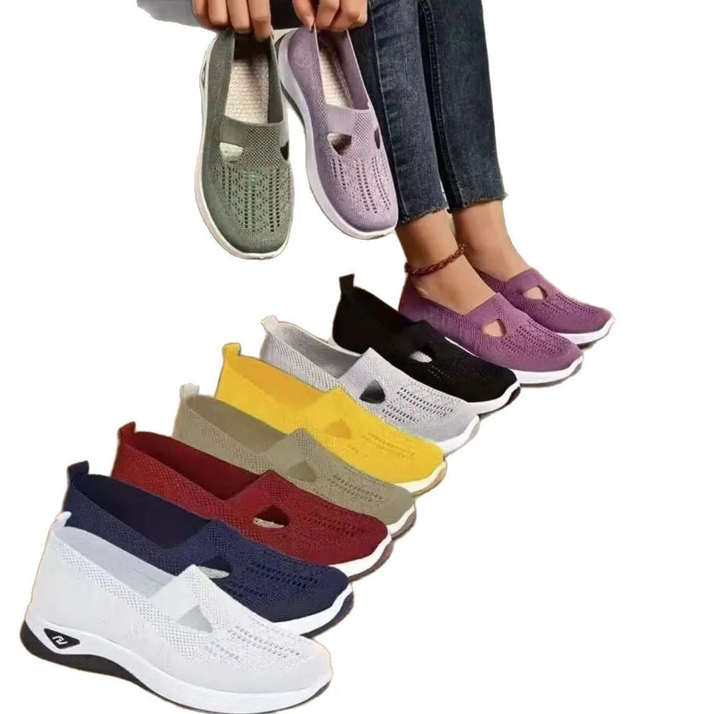 Women's mesh T-strap casual flats with soft PVC sole in multiple colour options