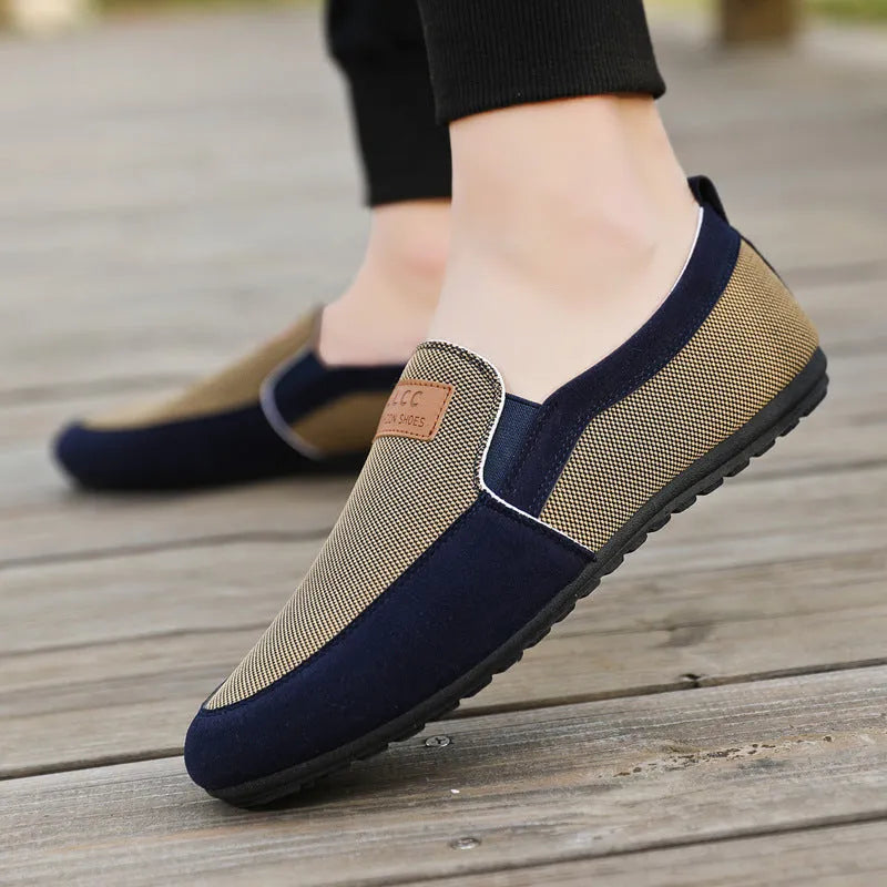 Men's grey and khaki canvas board shoes with rubber soles and round toe design
