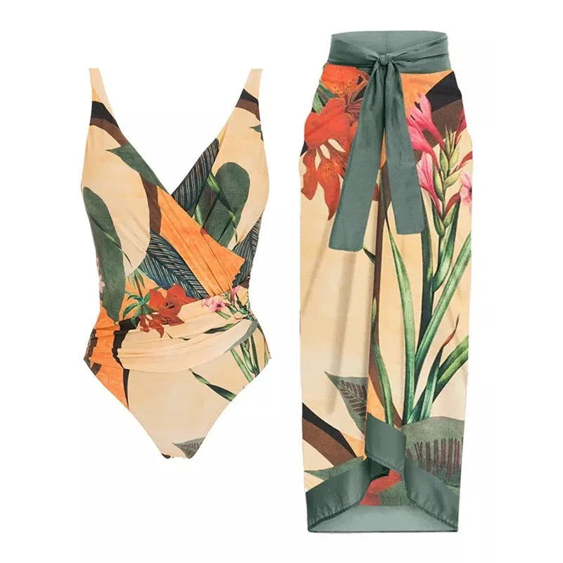 Women's solid colour one-piece swimsuit with thin spaghetti straps and a matching removable skirt.