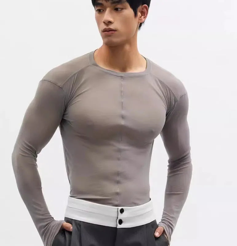 Mesh see-through texture slim-fit black pullover with long sleeves and round collar