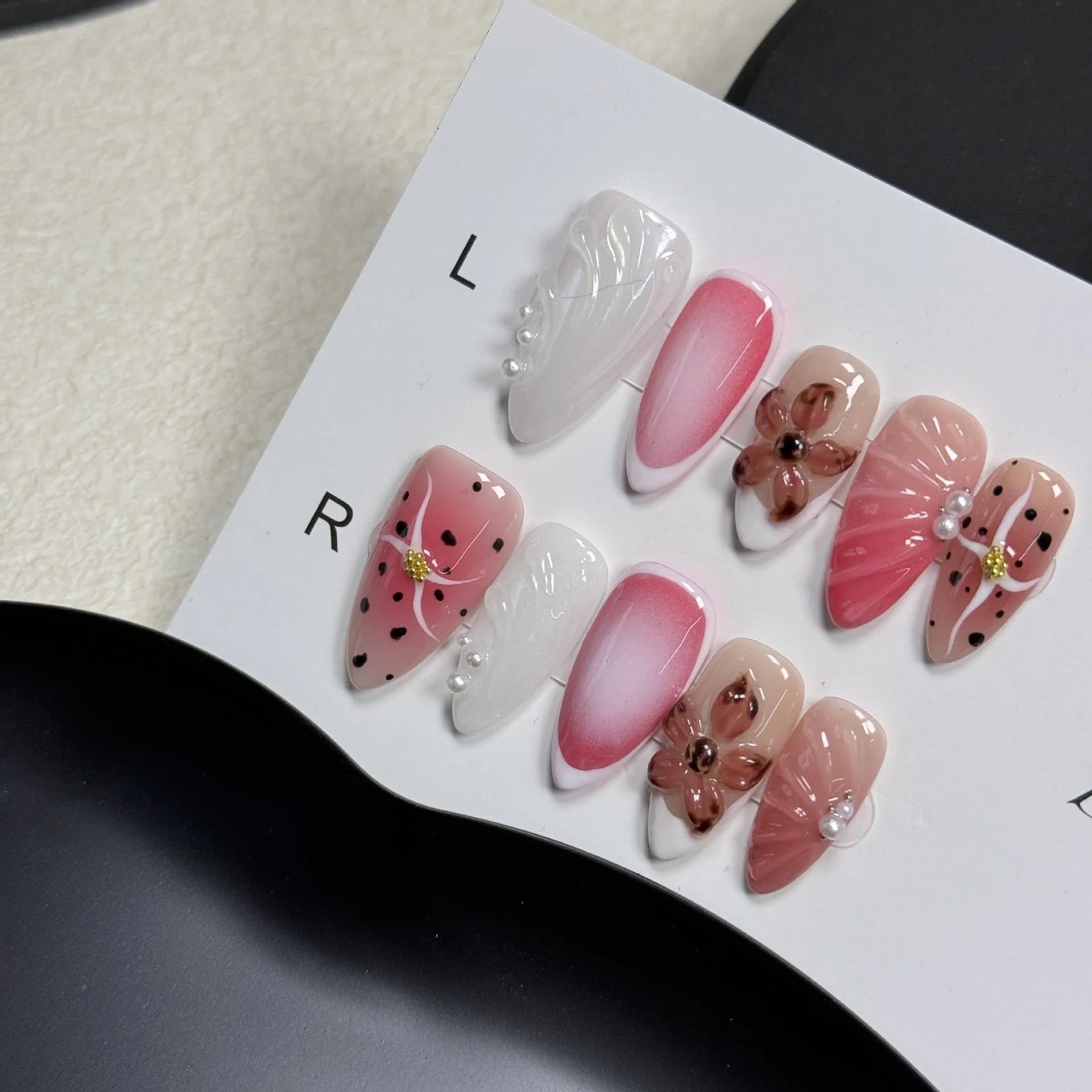False nail beauty patches with hand-painted 3D carved candy embossed patterns in almond shape