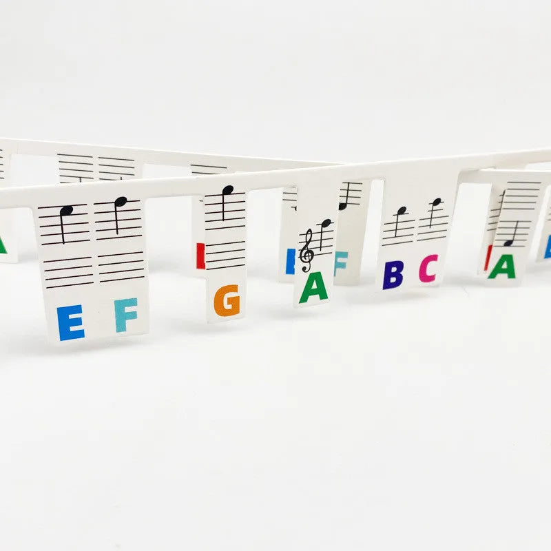 88 key piano keyboard stickers set with colour note bars and black notes on white card material