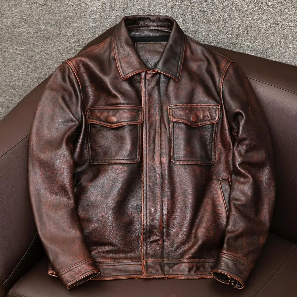Men's black lapel leather jacket with side pockets shown on plus-size model