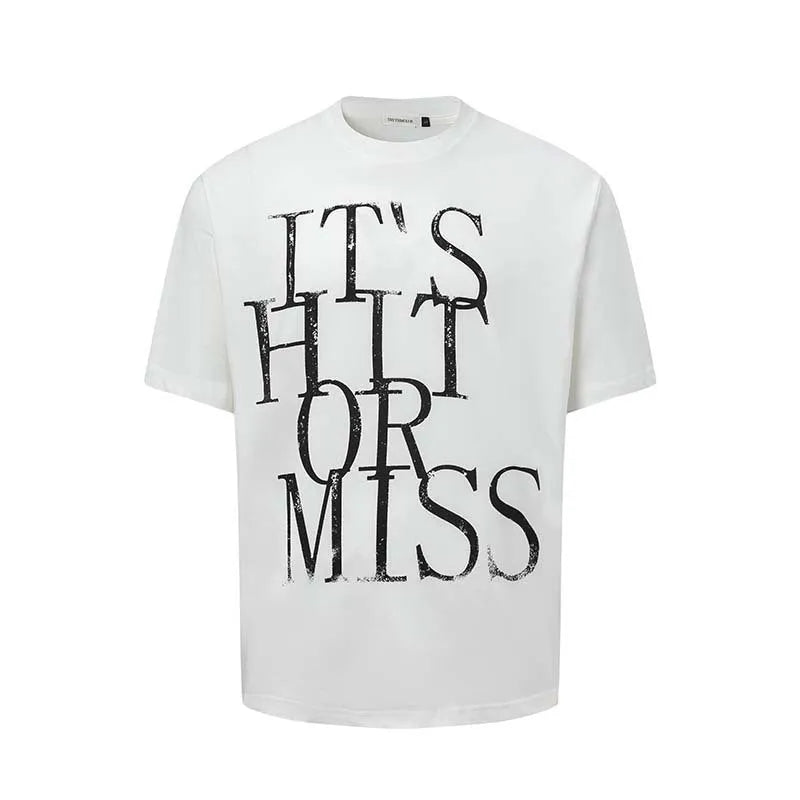 Men's blue loose-fit American retro t-shirt with a large white letter print across the chest.