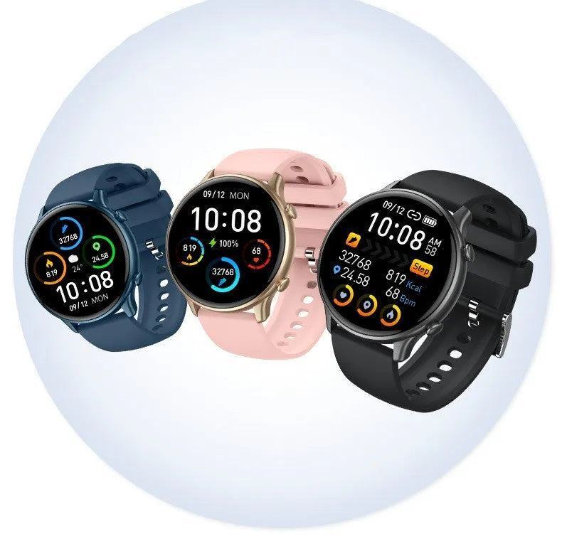 Round smart sports watch with silicone strap showing heart rate and sleep tracking on its touch screen.