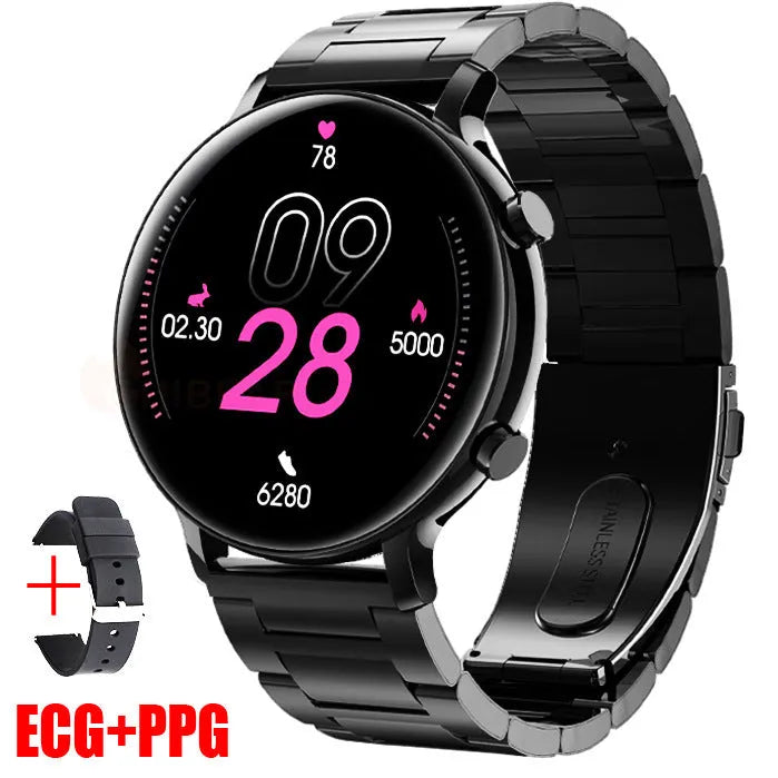 Bluetooth smartwatch with stainless steel strap showing 41-43mm screen with heart rate display