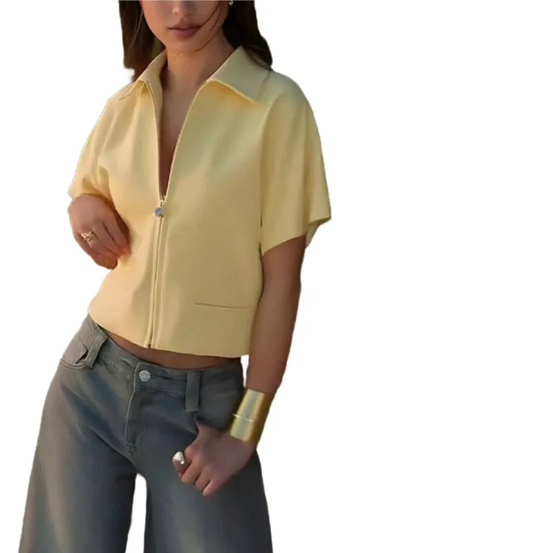 Casual short sleeve loose outerwear jacket in polyester fabric available in white, black, or yellow colours