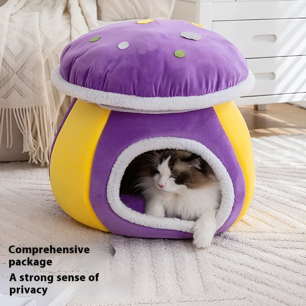 Mushroom-shaped cat bed with rabbit plush cover in grey pink purple colours