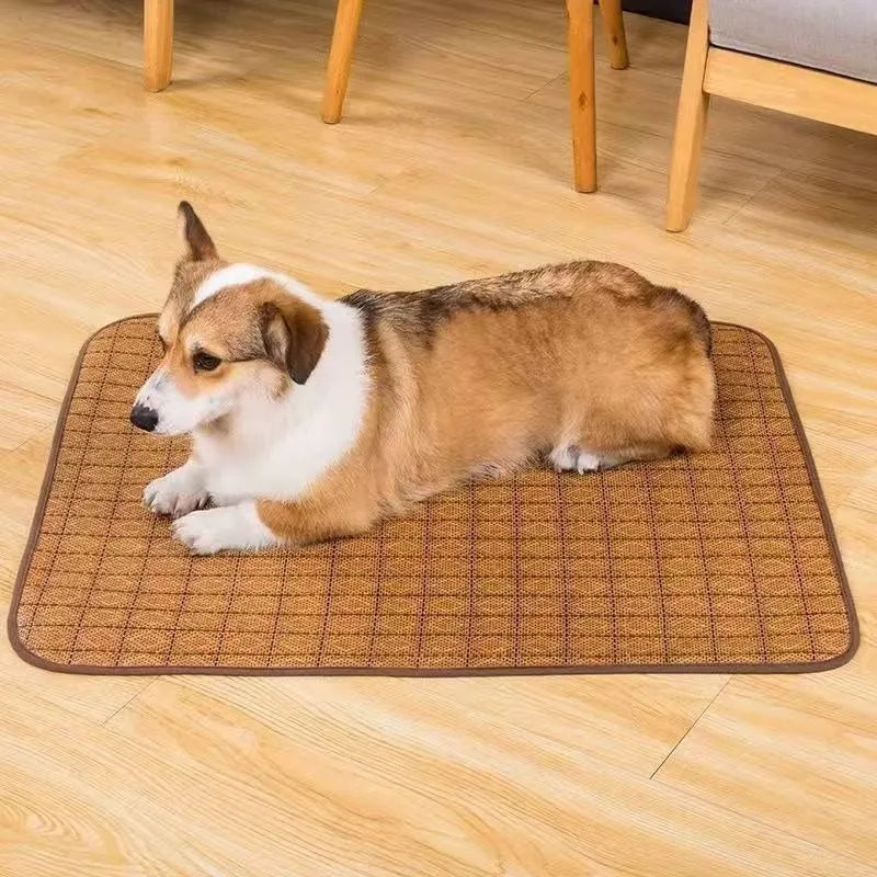 Brown rattan woven dog cooling mat showing open fibre construction for summer use