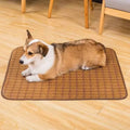 Brown rattan woven dog cooling mat showing open fibre construction for summer use