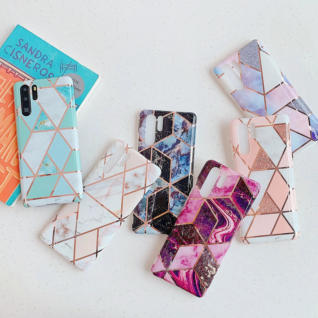 Electroplated marble pattern TPU phone case for Huawei and Samsung mobile phones in various colours.