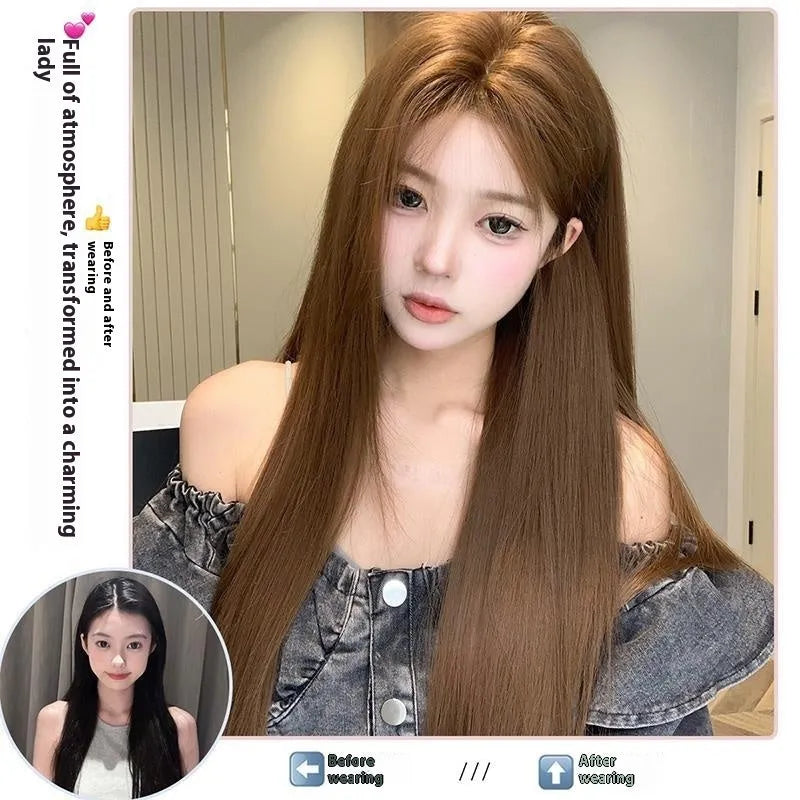 Warm brown lace front wig with centre-parted bangs and long straight hair