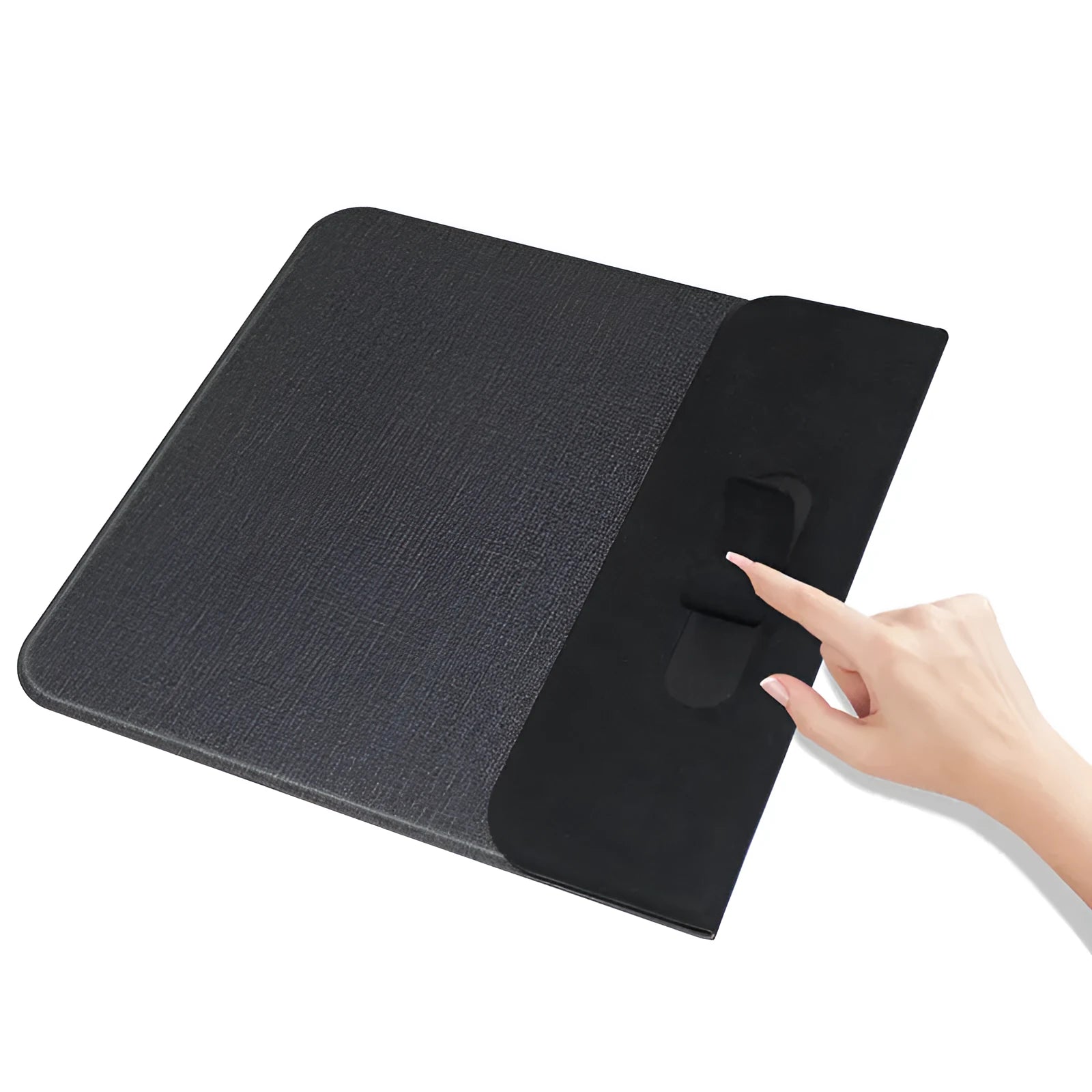 Foldable cloth phone holder open showing Qi wireless charging pad for smartphones.
