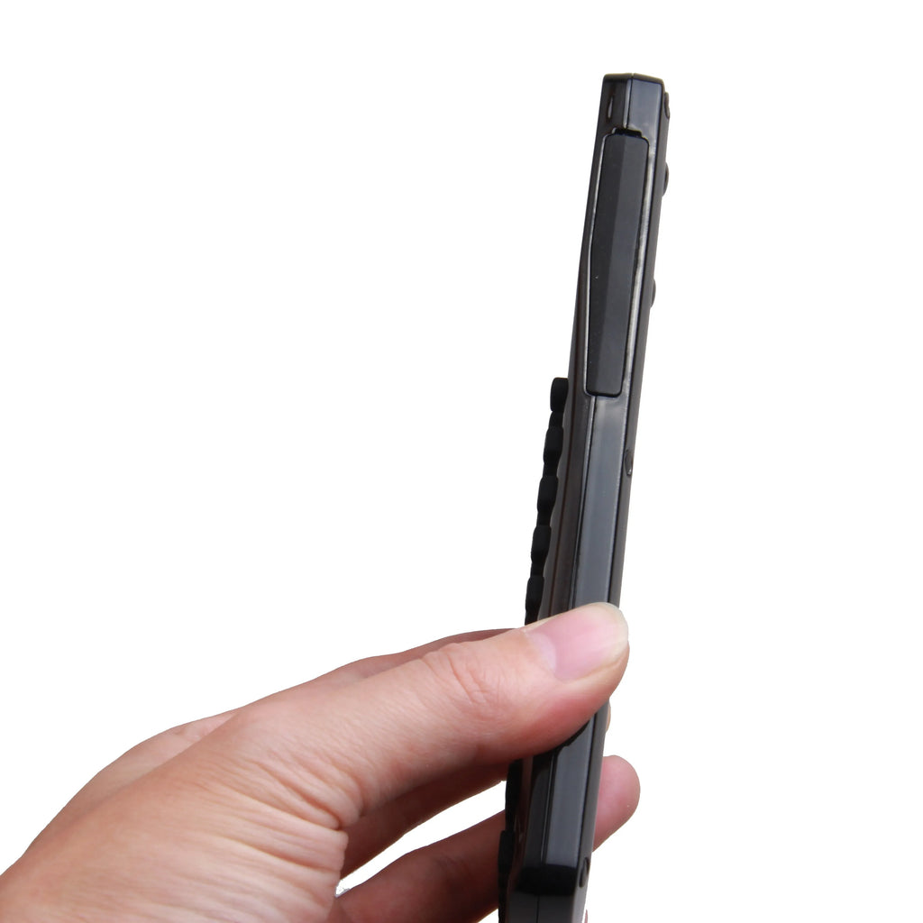 Black multifunctional e-book reader with a 2.8cm screen and an adjustable strap, showing a menu with multiple language options.