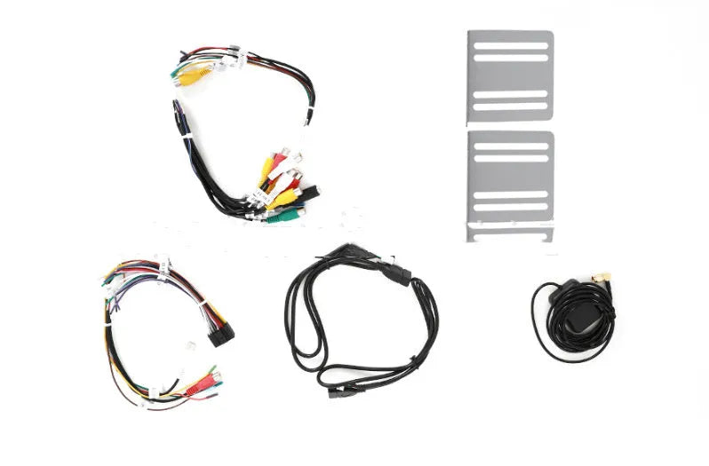 10.1 inch universal Android car stereo with trapezoidal touchscreen display and GPS antenna