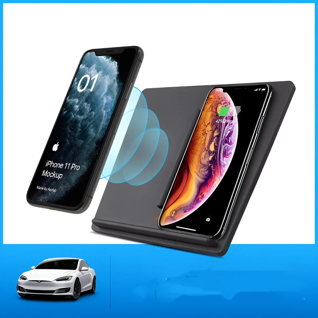 Black Tesla Model 3 wireless car charger pad, 10W max, 19.2 x 17.3 x 1.8cm, double separation line design
