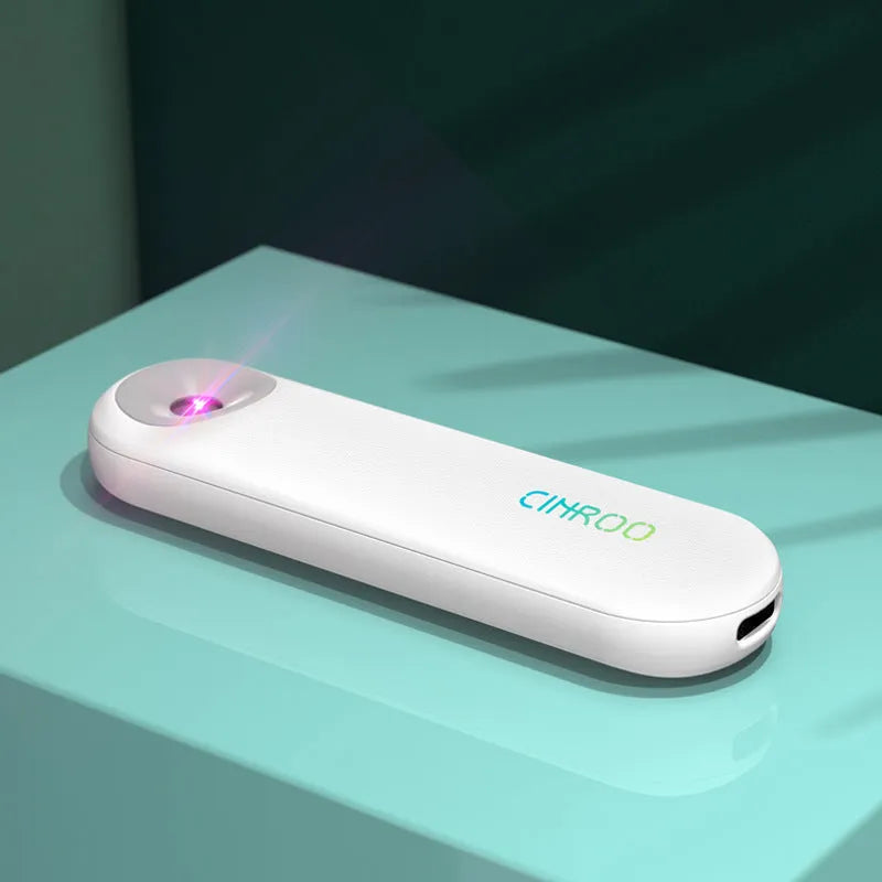 White portable UV sterilizer lamp showing compact dimensions of 116mm length with battery capacity and disinfection specifications