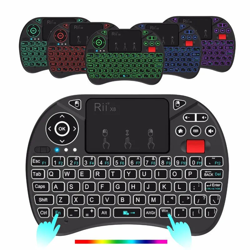 i8X black wireless keypad with 71-key QWERTY keyboard, touchpad, dual mouse buttons and lithium battery