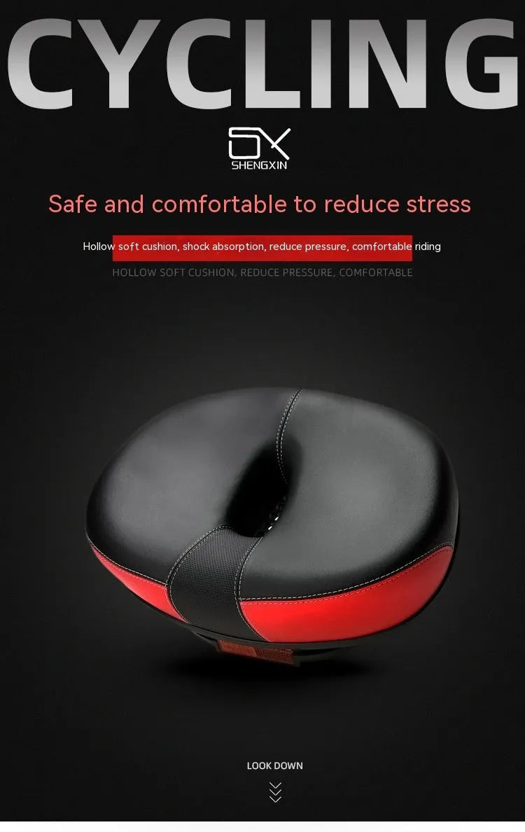 Large bicycle saddle with thickened rubber ball padding and PU leather cover in red, grey or light brown