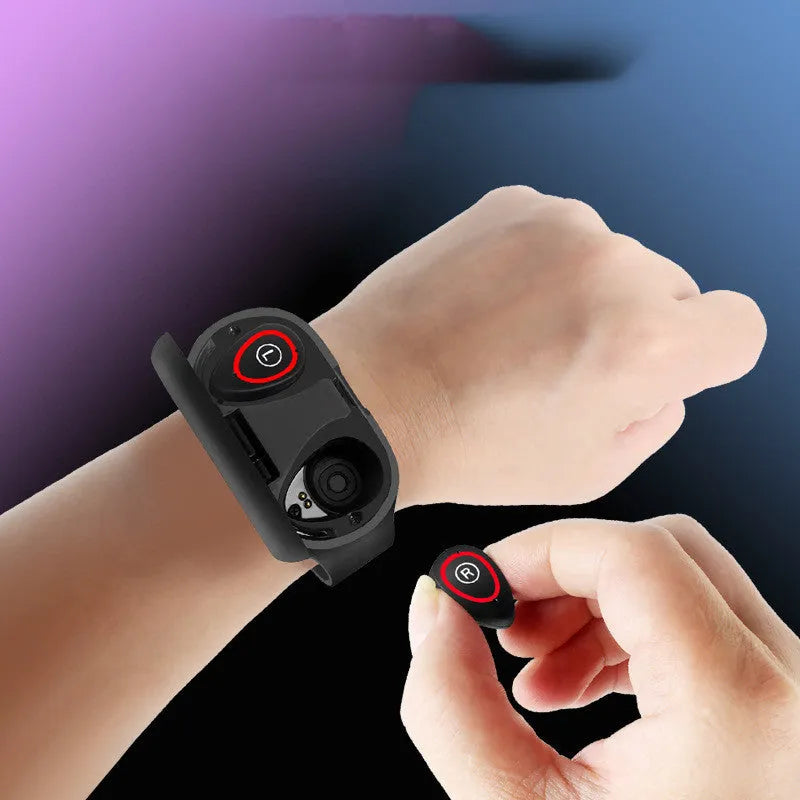 Smart bracelet with integrated wireless earphones on a silicone wristband in black, blue or red.