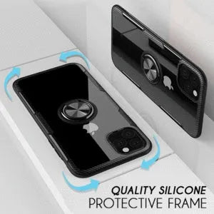 Black high-quality PC and PU iPhone back cover case for 11 Pro Max and other models on a table.